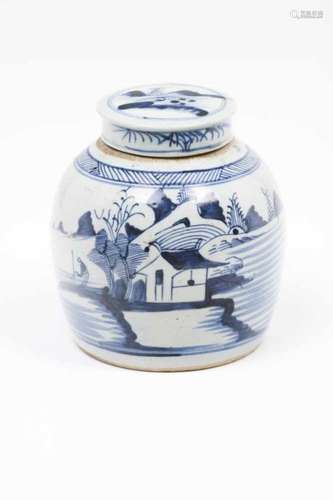 A ginger jarChinese porcelainBlue underglaze decoration with riverscapeMing dynasty, 17th century(