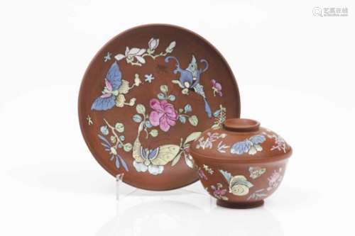 Yixing lided cup and saucerReddish brown clayPolychrome enamelled decoration with flowers and
