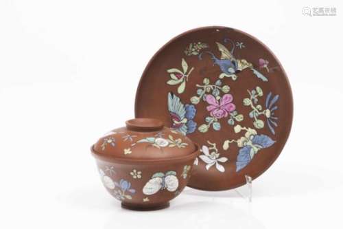 Yixing lided cup and saucerReddish brown clayPolychrome enamelled decoration with flowers and