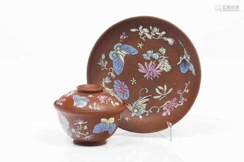 Yixing lided cup and saucerReddish brown clayPolychrome enamelled decoration with flowers and