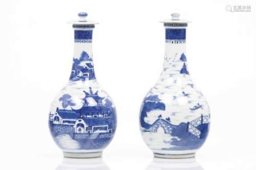 A pair of bottles with coversChinese porcelain Blue decoration with riverscape and pagodasJiaquing