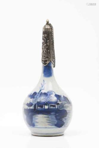 An incense burnerChinese porcelainBlue decoration of riverscape and pagodasSilvered metal rim