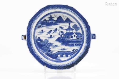 A scalopped rechaud plateChinese porcelainBlue decoration with riverscape and pagodasDaoguang