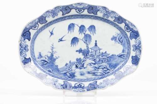 A scalloped trayChinese export porcelainBlue and white decoration with riverscape, rocks and