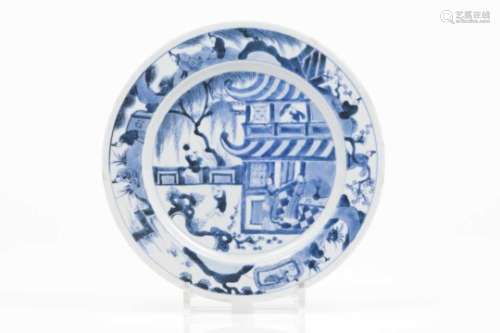 A plateChinese porcelainBlue under glaze decoration with garden and oriental figuresRim decorated