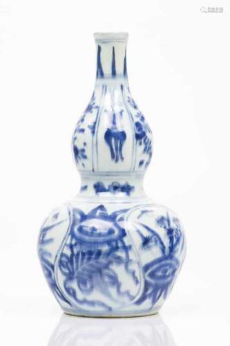 A gourdChinese porcelainBlue underglaze decoration with cartouches of landscape, floral and