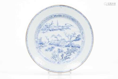 A plateChinese export porcelainBlue and white decoration with riverscape, pagodas and flowers
