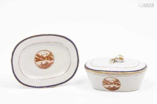 A butter dich with cover and trayChinese export porcelainBlue and gilt decoration with sepia