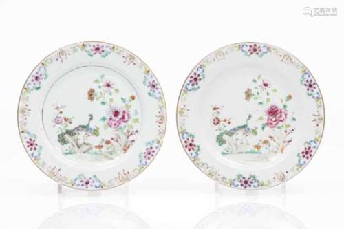 A pair of platesChinese export porcelainGardenscape with peacocks, 