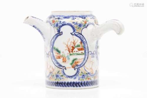 A chocolate potChinese export porcelainPolychrome and gilt decoration with cartouches of oriental