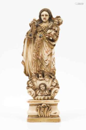 Our Lady of Mount CarmelIvory Indo-Portuguese sculpturePart polychrome and gilt decoration18th