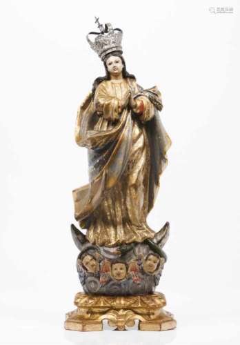 Our Lady of the Immaculate ConceptionCarved, polychrome and gilt wooden sculptureFlower and