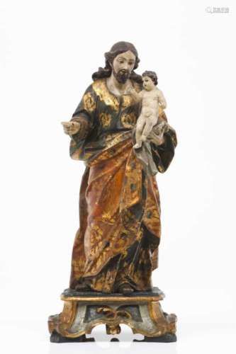 Saint Joseph with The ChildPolychrome and gilt sculptureCarved and polychrome standPortugal, 18th