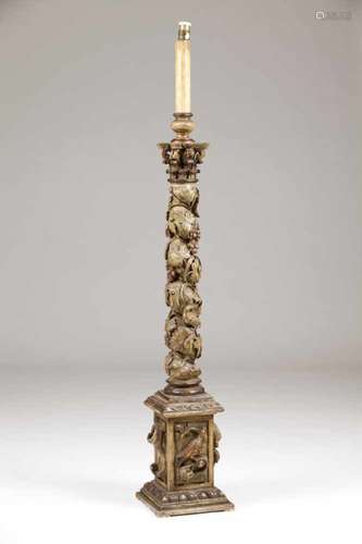 A spiralled columnCarved and polychrome woodDecorated with vines and grapesBase with bird and floral