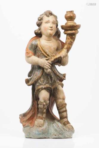 A candle holder AngelCarved and polychrome wooden sculpturePortugal, 18th century(minor losses and