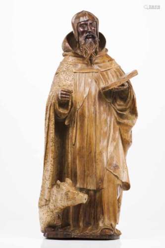 Saint Anthony the HermitWalnut sculpture produced from a single blockThe saint holds a book on the
