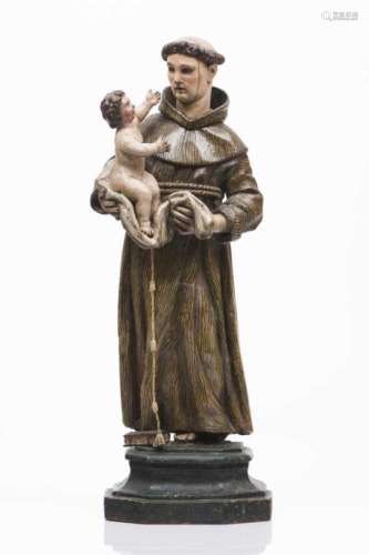 Saint Anthony with The Child JesusPolychrome wooden sculptureGreen painted bracketPortugal, 19th