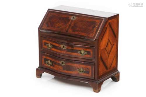 A D.José miniature bureauRosewood carcass with rosewood and thornbush marquetryTwo drawers and