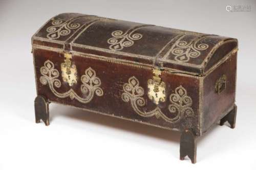 A trunkLeather coated woodYellow metal tacks decorationPortugal, 18th/19th century(losses and