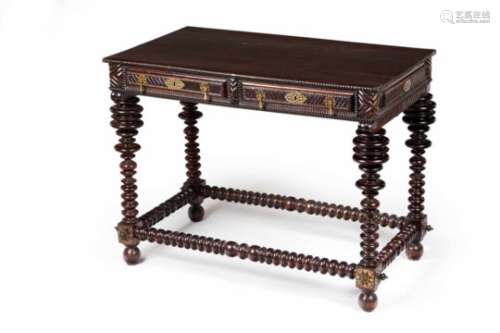 A Bufete Table RosewoodCarved and ripple motfs decoratedTwo drawersYellow metal hardwarePortugal,