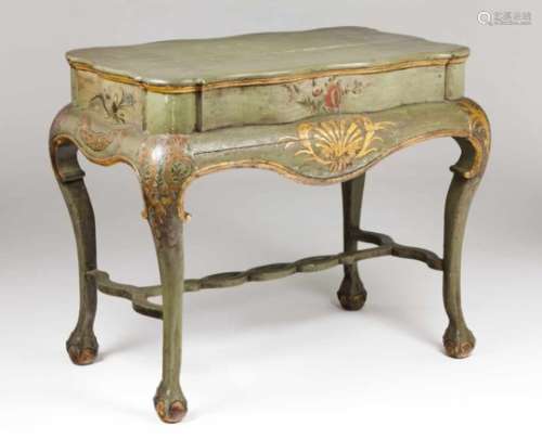 A side tableGreen painted and gilt wood with polychrome detailsScalloped topFlower and garland