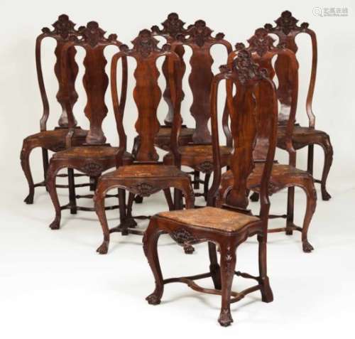 A set of eight D. José (1750-1777) chairsRosewood with carved decorationScalloped and pierced backs,