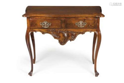 A D.José side tableChestnutScalloped and carved apron of foliage scroll decorationTwo drawers and