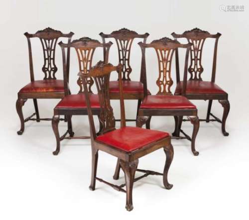 A set of fourteen D.José style chairsRosewoodPierced, scalloped and carved splatsBordeaux velvet