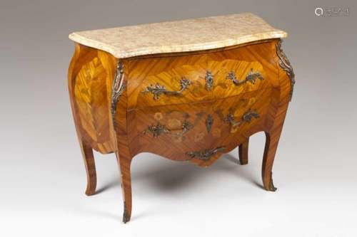 A Louis XV style commodeRosewood, mahogany and other timbers floral marquetryTwo long drawersGilt