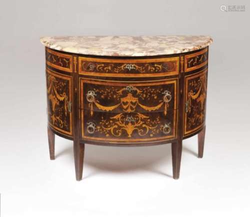 D.Maria style demi-lune chest of drawersVeneered in rosewood and other timbers with marquetry