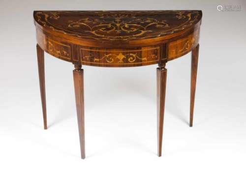 A demi-lune card tableRosewood and rosewood veneerWith thornwood scroll and foliage motifs marquetry