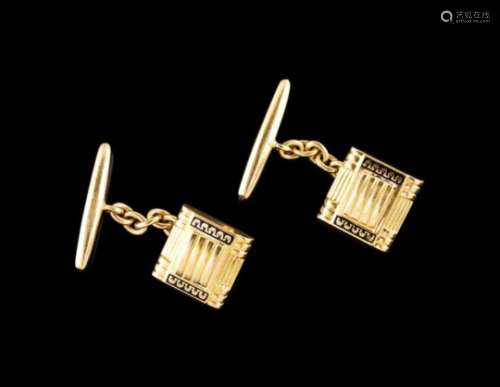 A pair of Art Deco cufflinksGold Square of raised centre defined by blue enamelled friezesOporto
