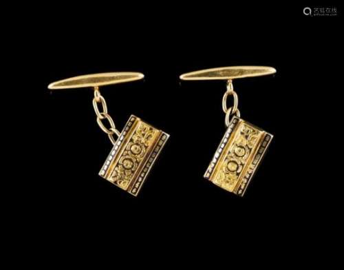 A pair of cufflinksGoldRectangular shaped with floral and blue enamelled decorationOporto