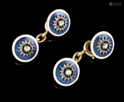 A pair of Cartier cufflinksGoldWhite and blue enamel set with 4 crowned rose cut diamondsFrench