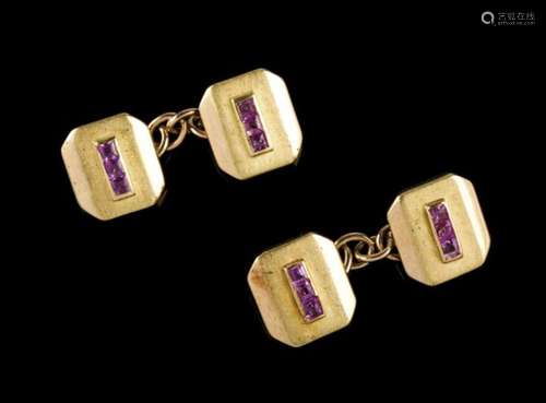 A pair of cufflinksRactangular shaped of faceted corners, set with carré cut rubellitesOporto