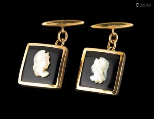 A pair of cufflinksGoldOnyx plaque with mother-of-pearl cameoLisbon hallmark, Dragon 800/000 for