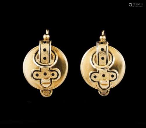 A pair of earringsPortuguese 19th century goldChiselled and black enamel applied elements Portuguese