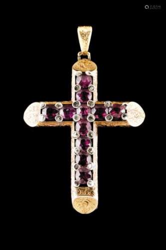 A cross-shaped pendantGold with floral engraved decoration, set in silver with small rose cut