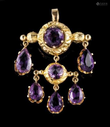 A pendant/broochGold, 18th/19th centuryRaised decoration set with 2 briolette cur amethysts and 5