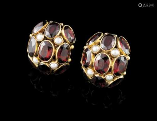 A pair of earringsGoldSet with oval cut garnets and micropearlsLisbon hallmark, Swallow 750/000 post