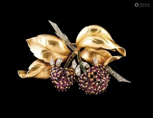 A Leitão & Irmão broochGold and platinum A leafy branch, set with small rose cut diamonds and