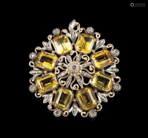 A broochGold and silverA rose set with 8 citrines ???? and small rose cut diamondsMaker's mark and