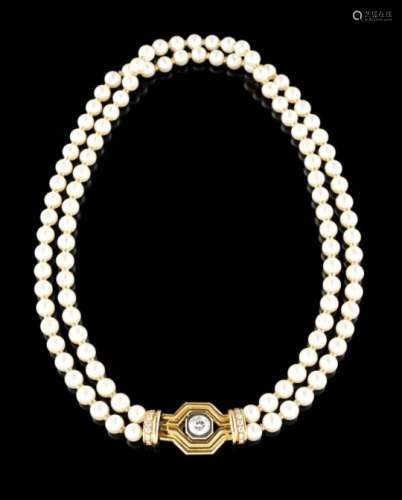 A Chaumet pearl necklaceAkoya cultured pearls (ca.6/6.5mm) separated by gold beads and gold clasp