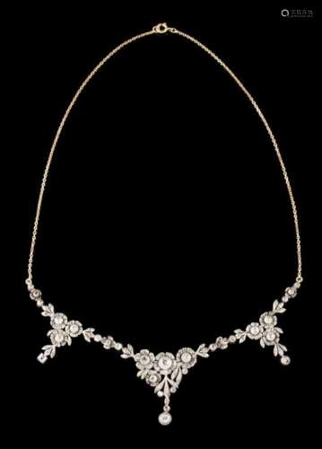 A Romantic necklaceSilver and goldFloral and foliage decoration set with antique brilliant cut