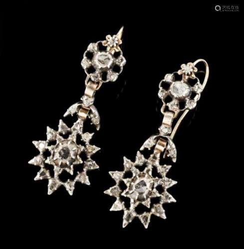 A pair of pendant earringsSilver and goldBaroque decoration set with crowned rose cut and table