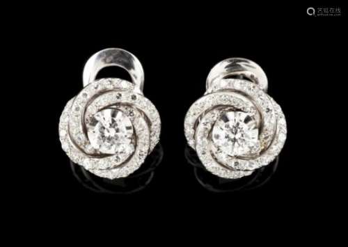 A pair of earringsGoldSpiralled frame fully set with 8/8 cut diamonds centred by 2 white coloured