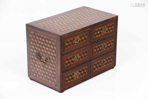 A small cabinetRosewood with various timbers geometric marquetry workFour drawers simulating