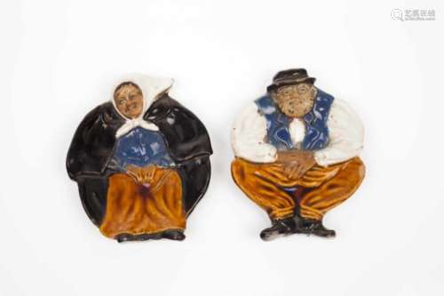 Os malcriados pair of ashtraysPortuguese faienceRaised and polychrome decoration with elderly