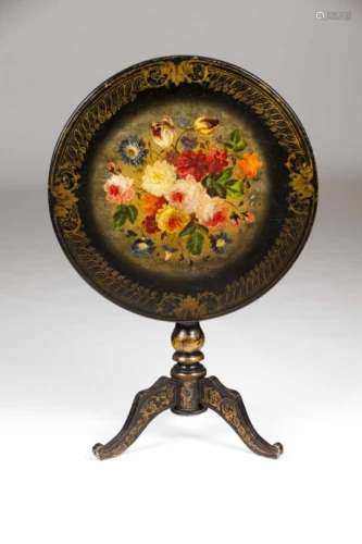 A Napoleon III tripod tableBlack lacquered and gilt wood with floral polychrome decorationTilt-