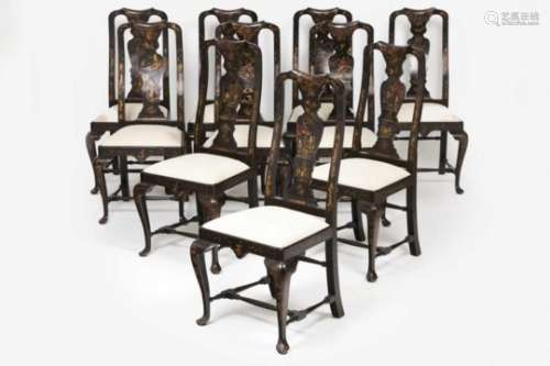 A set of ten George III style chairsBlack and gilt lacquered woodPolychrome decoration with